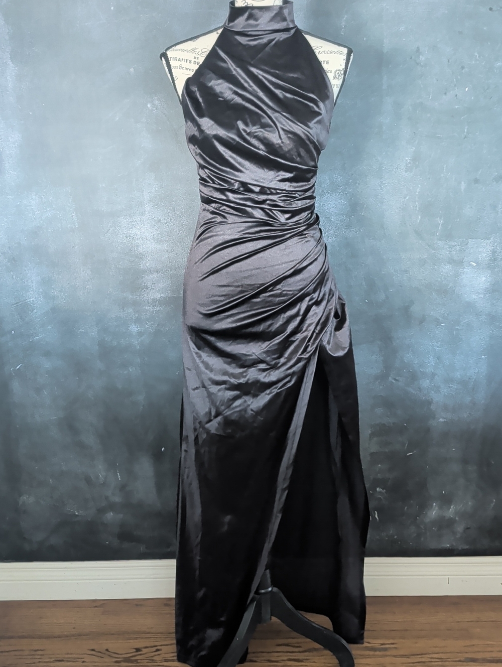 Satin Ruched Black Evening Dress